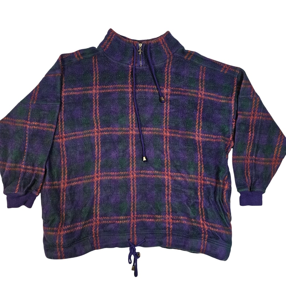 Venezia Womens 14/16 Purple Plaid Fleece Quarter Zip Pullover Drawstring Hem